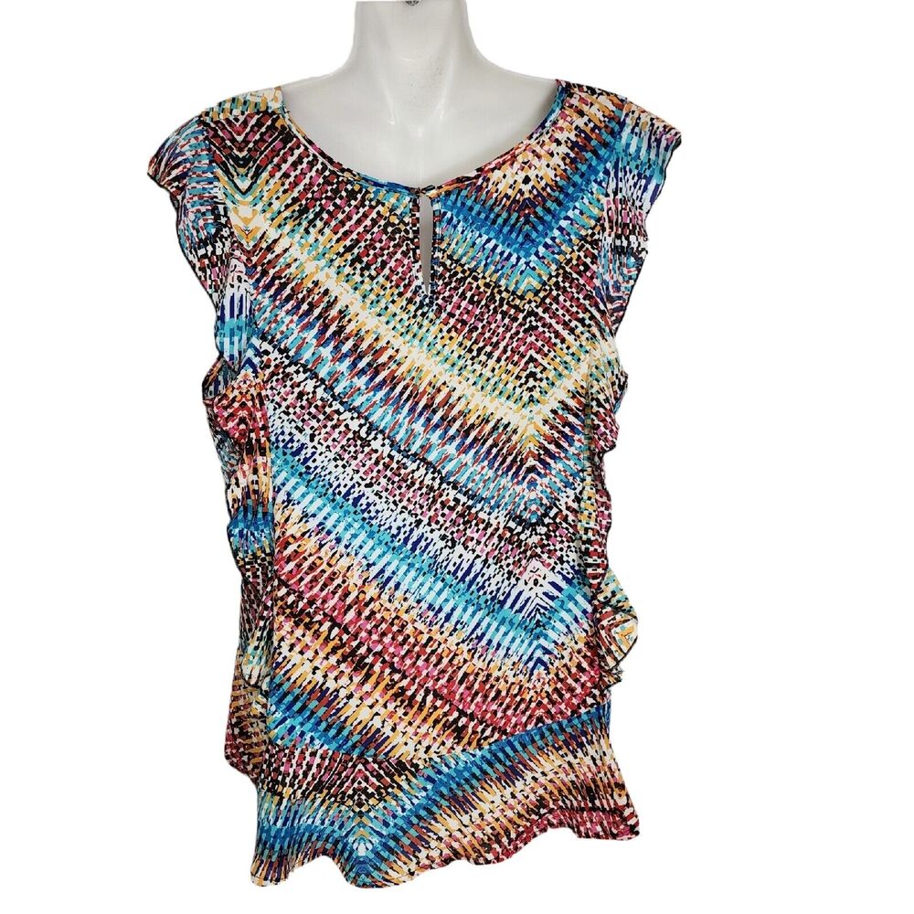 Spense Womens Top XL Multicolor Short Flutter Sleeve V Neck Retro Peplum Ruffles - Picture 2 of 10